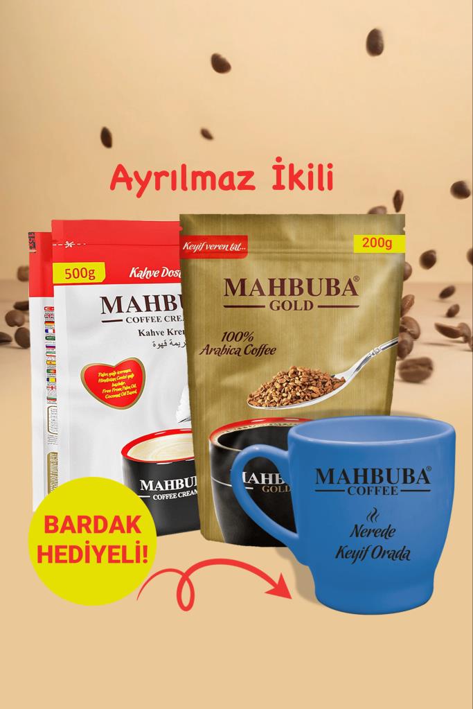 Mahbuba Coffee 200gr Gold Kahve 500gr Kahve Kreması Ayrılmaz İkili Paketi Kupa Bardak Hediyeli